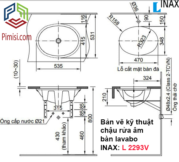 Bản vẽ kỹ thuật chậu rửa âm bàn lavabo INAX L-2293V