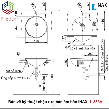 Bản vẽ kỹ thuật chậu rửa bán âm bàn INAX L-333V