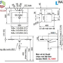 Bản vẽ kỹ thuật chậu rửa đặt bàn lavabo INAX AL-536v