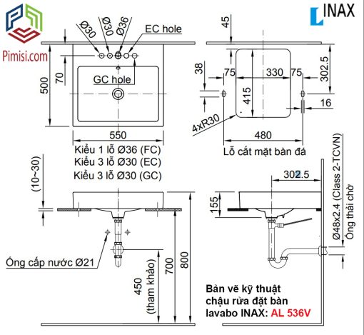 Bản vẽ kỹ thuật chậu rửa đặt bàn lavabo INAX AL-536v