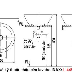 Bản vẽ kỹ thuật chậu rửa đặt bàn lavabo INAX L-445V