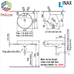 Bản vẽ kỹ thuật chậu rửa mặt bàn đá lavabo INAX L-294V