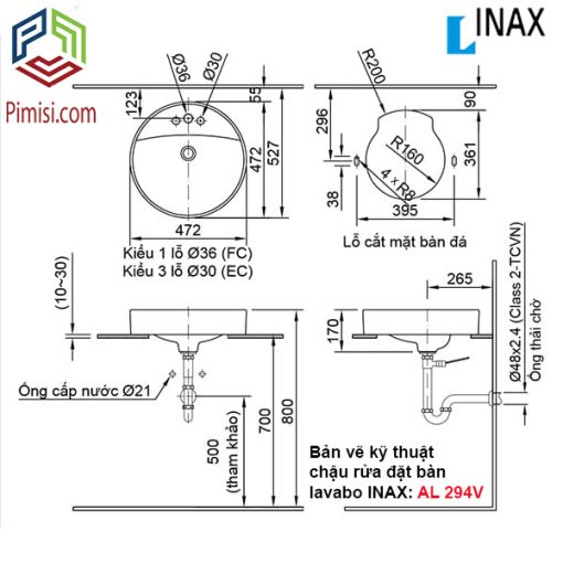 Bản vẽ kỹ thuật chậu rửa mặt bàn đá lavabo INAX L-294V