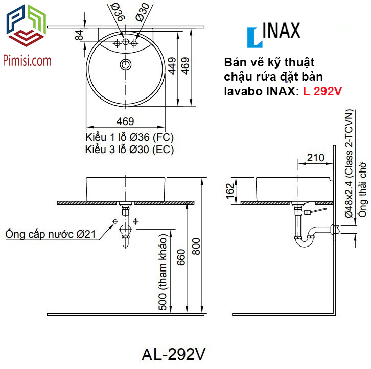 Bản vẽ kỹ thuật chậu rửa mặt đặt bàn lavabo INAX L-292V