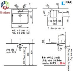 Bản vẽ kỹ thuật chậu rửa mặt đặt bàn lavabo INAX AL-293V hình chữ nhật