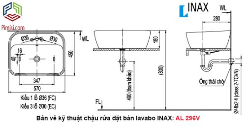 Bản vẽ kỹ thuật chậu rửa mặt đặt bàn lavabo INAX L-296V hình chữ nhật