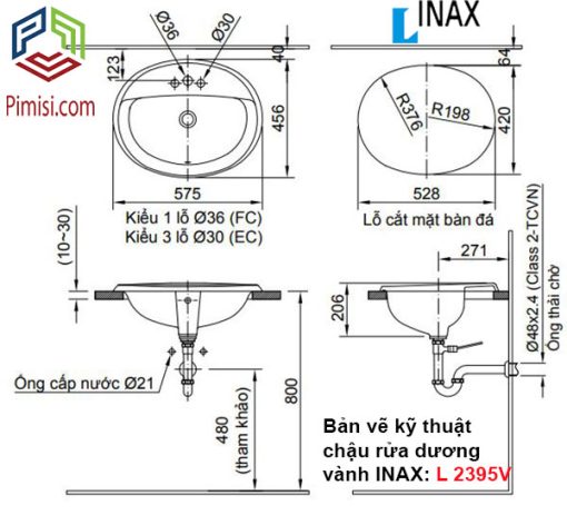 Bản vẽ kỹ thuật chậu rửa mặt dương bàn lavabo INAX L-2395V