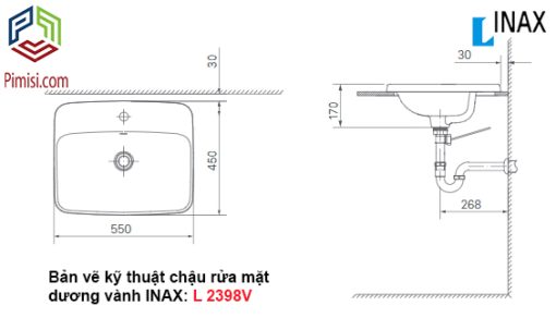 Bản vẽ kỹ thuật chậu rửa mặt dương bàn lavabo INAX L-2398V