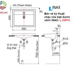 Bản vẽ kỹ thuật chậu mặt dương bàn lavabo INAX L-2397V hình chữ nhật