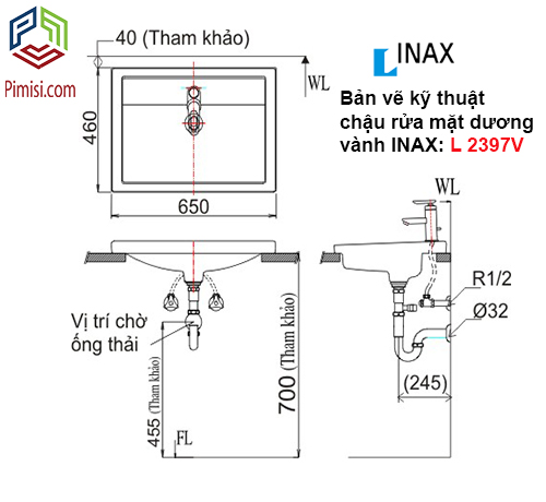 Bản vẽ kỹ thuật chậu mặt dương bàn lavabo INAX L-2397V hình chữ nhật