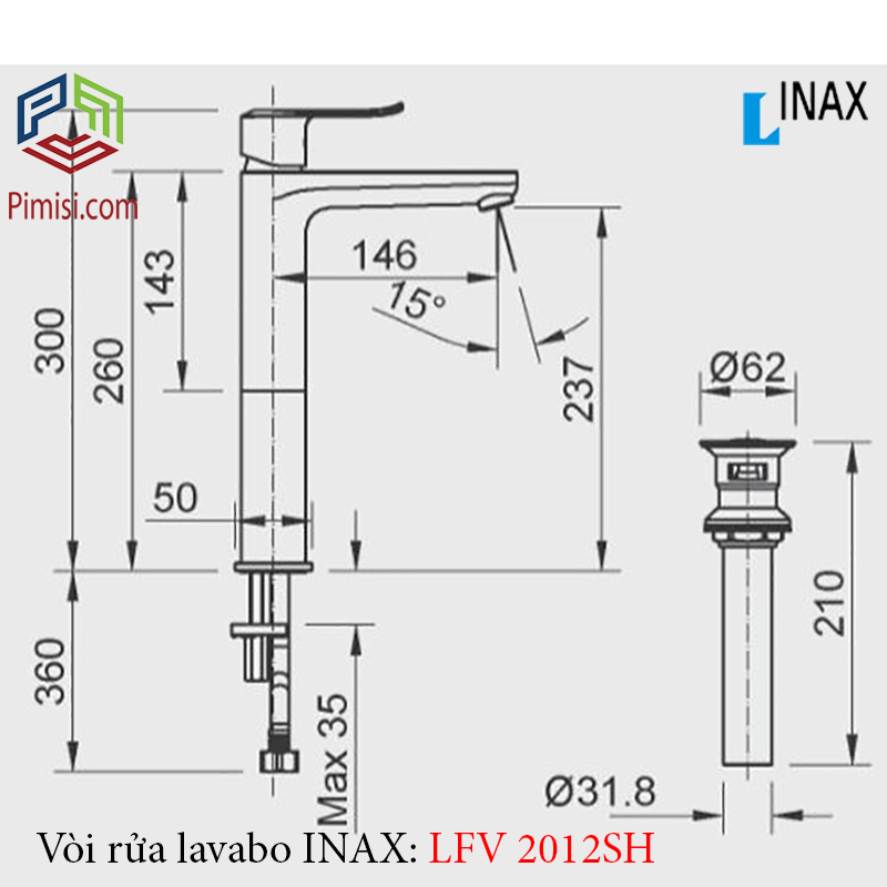 Bản vẽ kỹ thuật vòi chậu rửa mặt lavabo INAX LFV-2012SH nóng lạnh