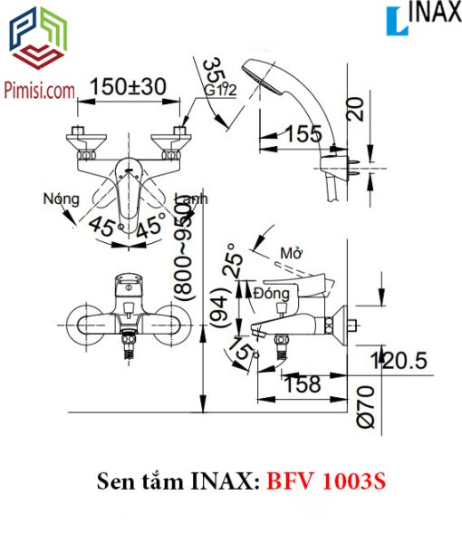 Bản vẽ kỹ thuật sen tắm INAX BFV-1003S nóng lạnh