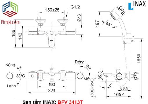 Bản vẽ kỹ thuật sen tắm INAX BFV-3413T nhiệt độ