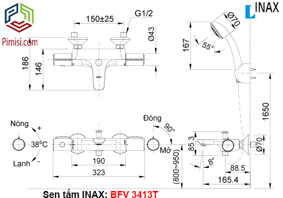 Bản vẽ kỹ thuật sen tắm INAX BFV-3413T nhiệt độ