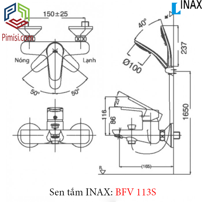 Bản vẽ kỹ thuật sen tắm nóng lạnh INAX BFV-113S