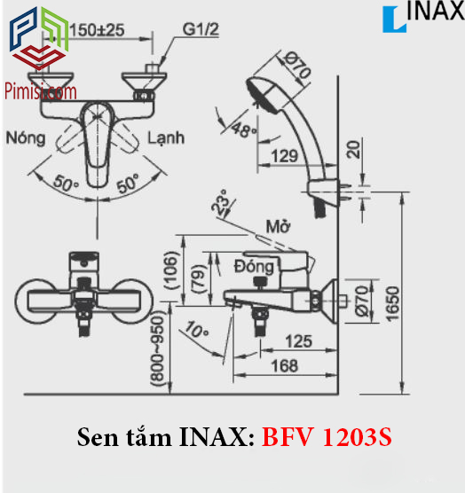Bản vẽ kỹ thuật sen tắm nóng lạnh INAX BFV-1203S