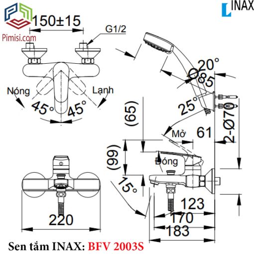 Bản vẽ kỹ thuật sen tắm nóng lạnh INAX BFV-2003S