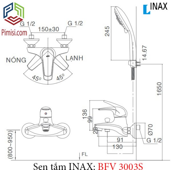Bản vẽ kỹ thuật sen tắm nóng lạnh INAX BFV-3003S