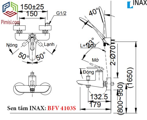 Bản vẽ kỹ thuật sen tắm nóng lạnh INAX BFV-4103S