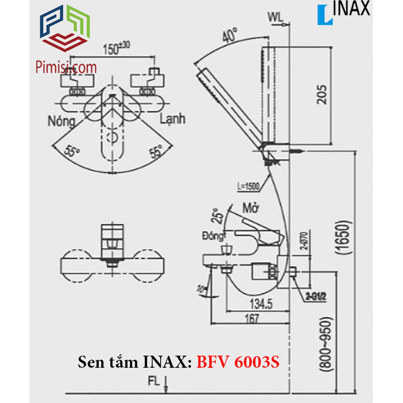 Bản vẽ kỹ thuật sen tắm nóng lạnh INAX BFV-6003S