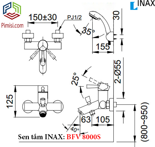 Bản vẽ kỹ thuật sen tắm nóng lạnh INAX BFV-8000S
