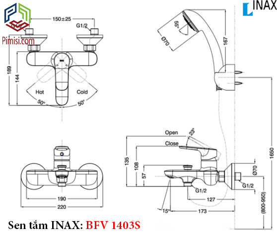 Bản vẽ kỹ thuật sen tắm nóng lạnh INAX BFV-1403S-4C