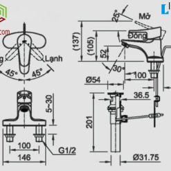 Bản vẽ kỹ thuật vòi chậu lavabo INAX LFV-1001S nóng lạnh