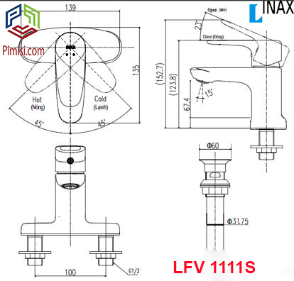 Bản vẽ kỹ thuật vòi chậu rửa lavabo INAX LFV-111S nóng lạnh