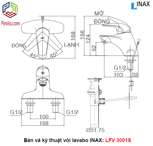 Bản vẽ kỹ thuật vòi chậu rửa lavabo INAX LFV-3001S nóng lạnh