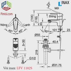 Bản vẽ kỹ thuật vòi chậu rửa mặt lavabo INAX LFV-1102S-1 nóng lạnh