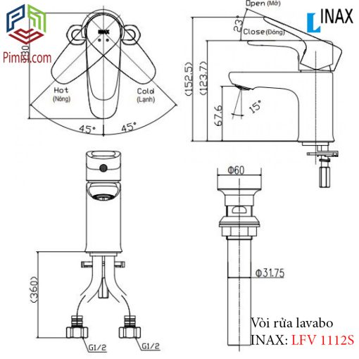 Bản vẽ kỹ thuật vòi chậu rửa mặt lavabo INAX LFV-1112S nóng lạnh