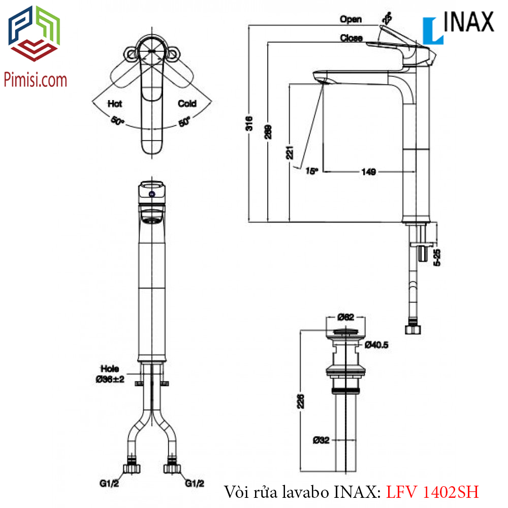 Bản vẽ kỹ thuật vòi chậu rửa mặt lavabo bàn đá INAX LFV-1402SH nóng lạnh