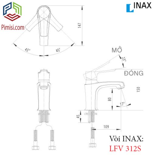 Bản vẽ kỹ thuật vòi chậu rửa mặt lavabo INAX LFV-312S nóng lạnh