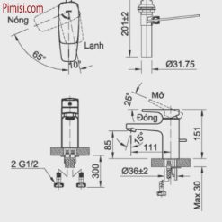 Bản vẽ kỹ thuật vòi chậu rửa mặt lavabo INAX LFV-5002S nóng lạnh