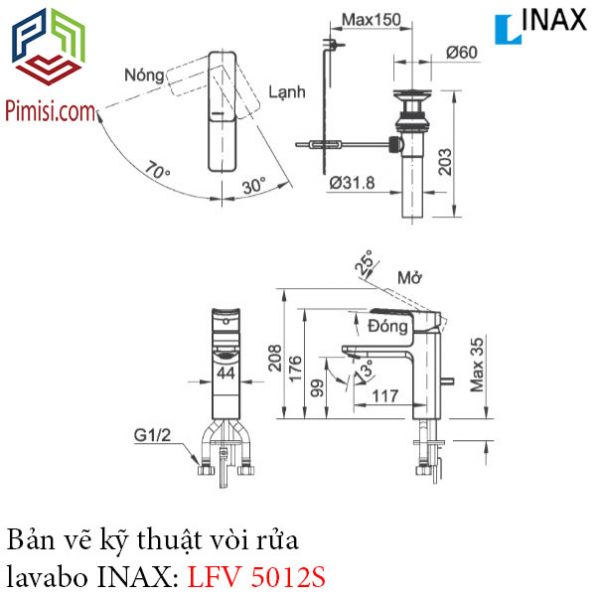 Bản vẽ kỹ thuật vòi chậu rửa mặt lavabo INAX LFV-5012S nóng lạnh