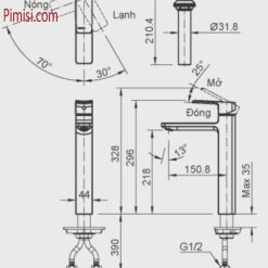 Bản vẽ kỹ thuật vòi chậu rửa mặt lavabo INAX LFV-5012SH nóng lạnh