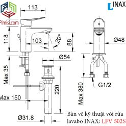 Bản vẽ kỹ thuật vòi chậu rửa mặt lavabo INAX LFV-502S nóng lạnh