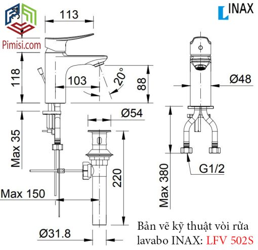 Bản vẽ kỹ thuật vòi chậu rửa mặt lavabo INAX LFV-502S nóng lạnh
