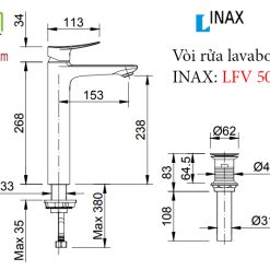 Bản vẽ kỹ thuật vòi chậu rửa mặt lavabo thân cao INAX LFV-502SH nóng lạnh