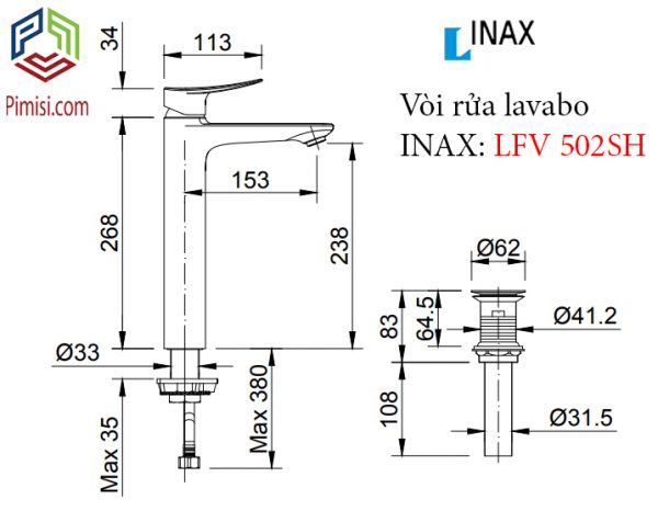 Bản vẽ kỹ thuật vòi chậu rửa mặt lavabo thân cao INAX LFV-502SH nóng lạnh