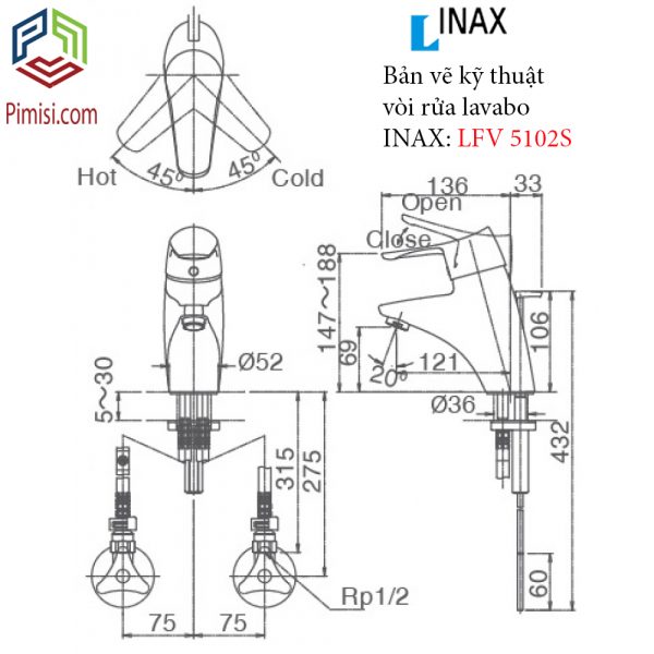 Bản vẽ kỹ thuật vòi chậu rửa mặt lavabo INAX LFV-5102S nóng lạnh 1 lỗ