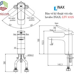 Bản vẽ kỹ thuật vòi chậu rửa mặt lavabo INAX LFV-632S nóng lạnh
