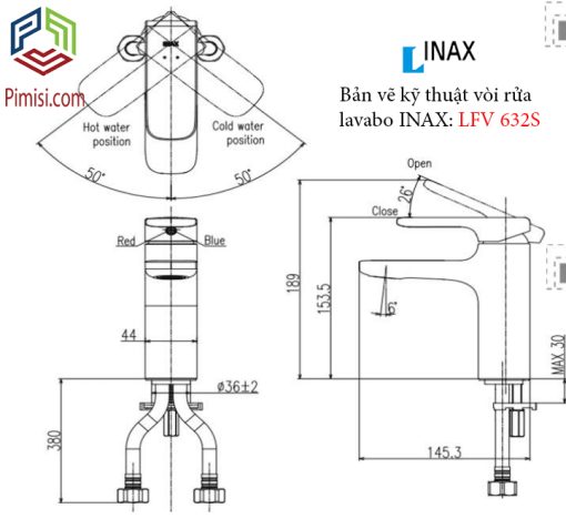 Bản vẽ kỹ thuật vòi chậu rửa mặt lavabo INAX LFV-632S nóng lạnh