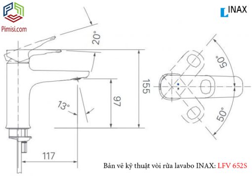 Bản vẽ kỹ thuật vòi chậu rửa mặt lavabo INAX LFV-632S nóng lạnh