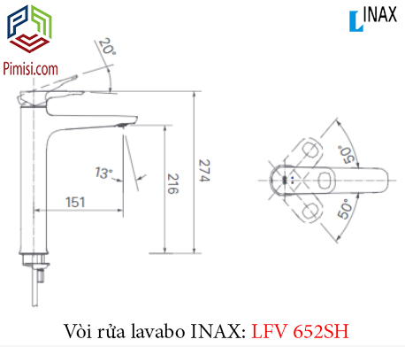 Bản vẽ kỹ thuật vòi chậu rửa mặt lavabo INAX LFV-652SH nóng lạnh