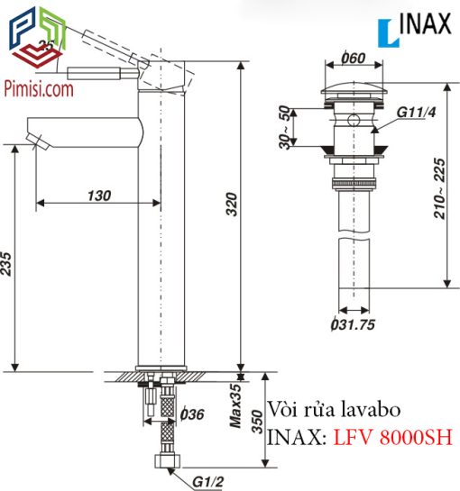 Bản vẽ kỹ thuật vòi chậu rửa mặt lavabo INAX LFV-8000SH2 nóng lạnh