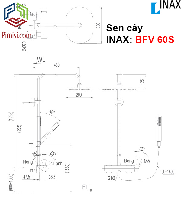 Bản vẽ kỹ thuật vòi sen tắm cây INAX BFV-60S nóng lạnh