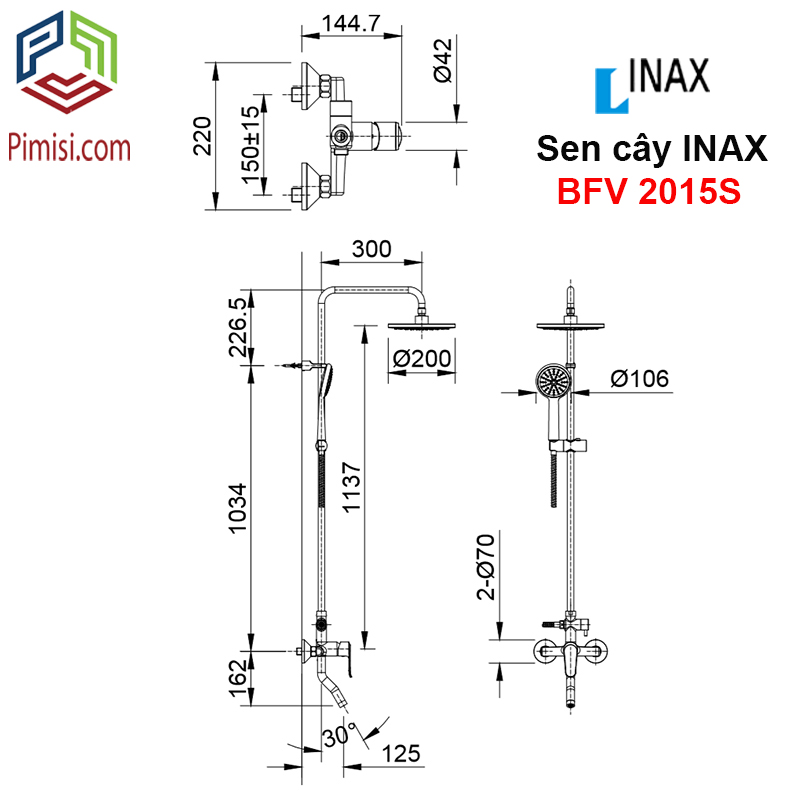 Bản vẽ kỹ thuật vòi sen tắm cây nóng lạnh INAX BFV-2015S