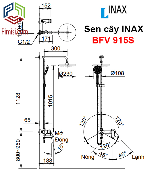 Bản vẽ kỹ thuật vòi sen tắm cây nóng lạnh INAX BFV-915S