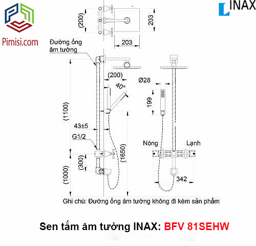 Bản vẽ kỹ thuật vòi tắm hoa sen đứng âm tường INAX BFV-81S